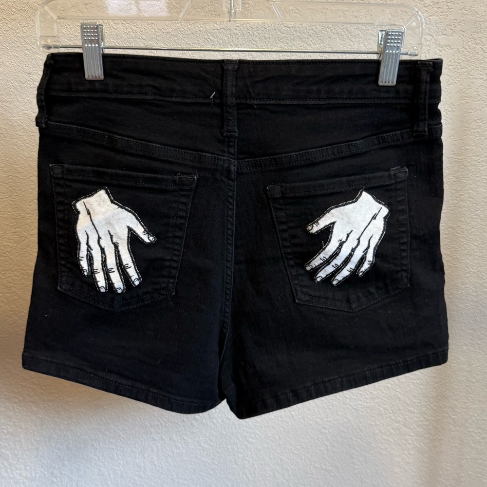 Reworked Black Denim Shorts with VTG White Hand Patches